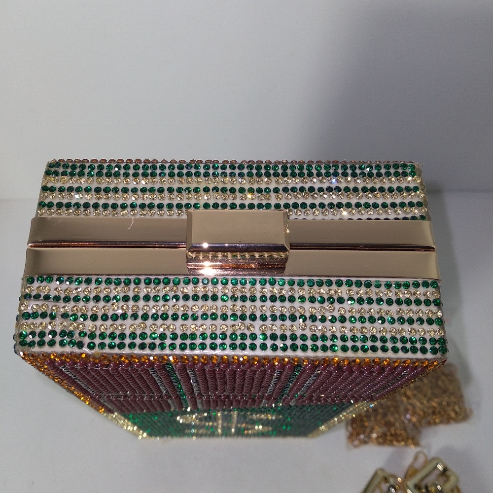 Green/Gold Rhinestone Dollar Sign Clutch Bag - Picture 5 of 8